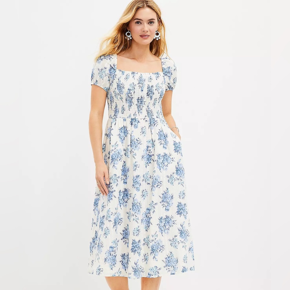 Loft - Floral Smocked Puff Sleeve Midi Pocket Dress